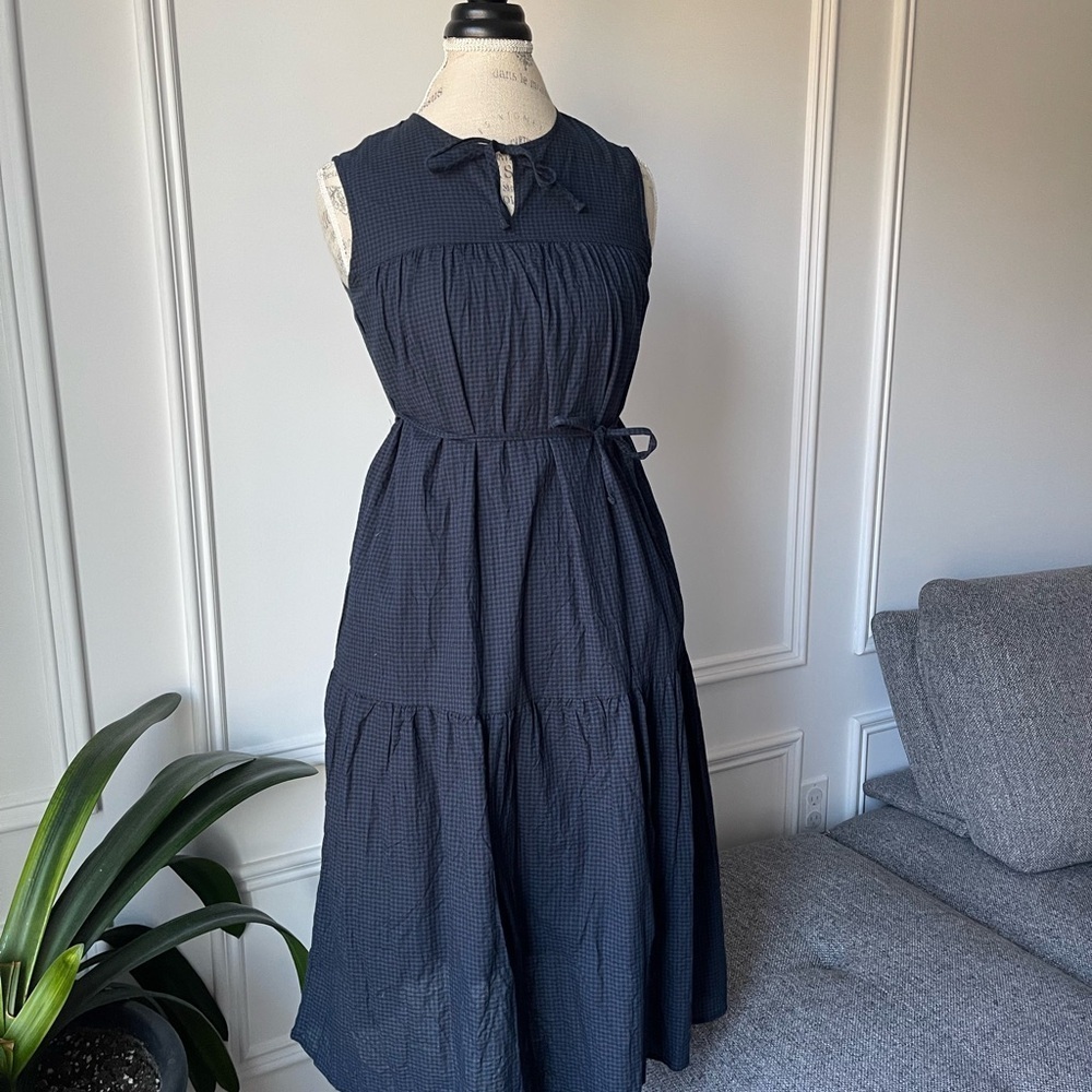 Navy blue gingham midi dress - Picture 2 of 12